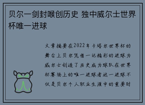 贝尔一剑封喉创历史 独中威尔士世界杯唯一进球